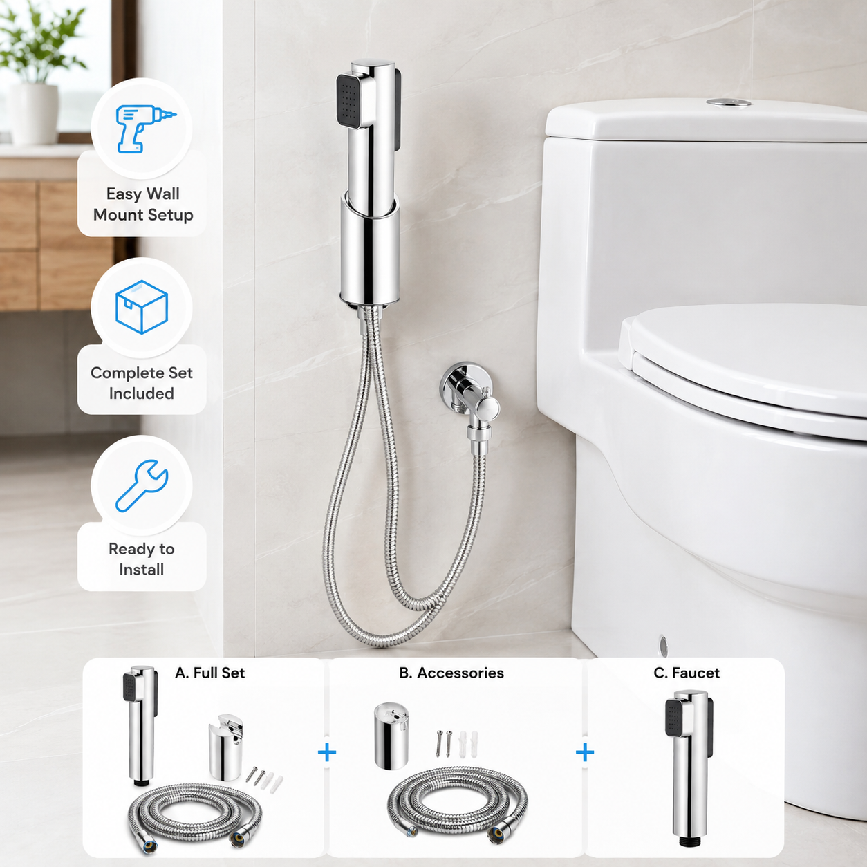 The Castle Decor 2-in-1 Health Faucet Set with Dual Outlet Spray, Stainless Steel Hose, Chrome Finish, Wall Holder & 1/2 Inch Connection for Toilet & Bathroom