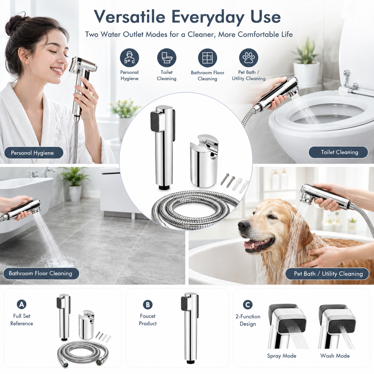 The Castle Decor 2-in-1 Health Faucet Set with Dual Outlet Spray, Stainless Steel Hose, Chrome Finish, Wall Holder & 1/2 Inch Connection for Toilet & Bathroom