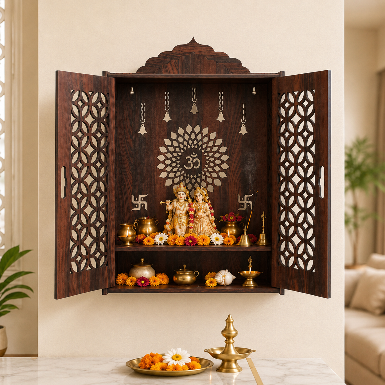 The Castle Decor Wooden Mandir for Home, Premium MDF Home Temple with Double Doors for Pooja Room, Wall Hanging & Tabletop Temple, Matte Finish, 16 x 22 x 10 Inch
