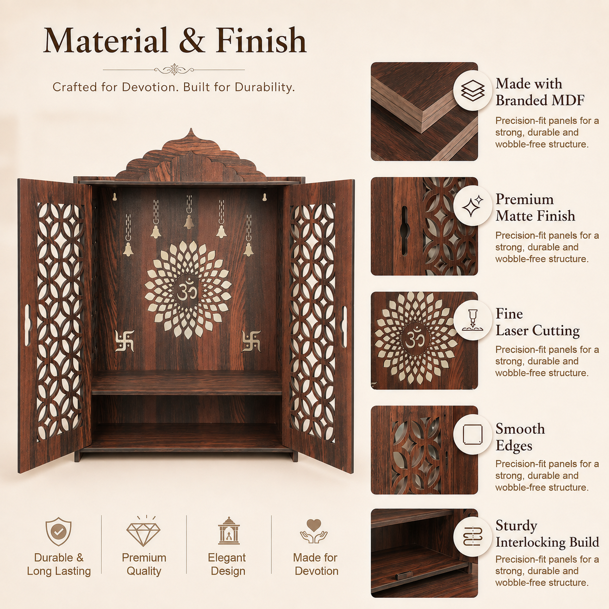 The Castle Decor Wooden Mandir for Home, Premium MDF Home Temple with Double Doors for Pooja Room, Wall Hanging & Tabletop Temple, Matte Finish, 16 x 22 x 10 Inch
