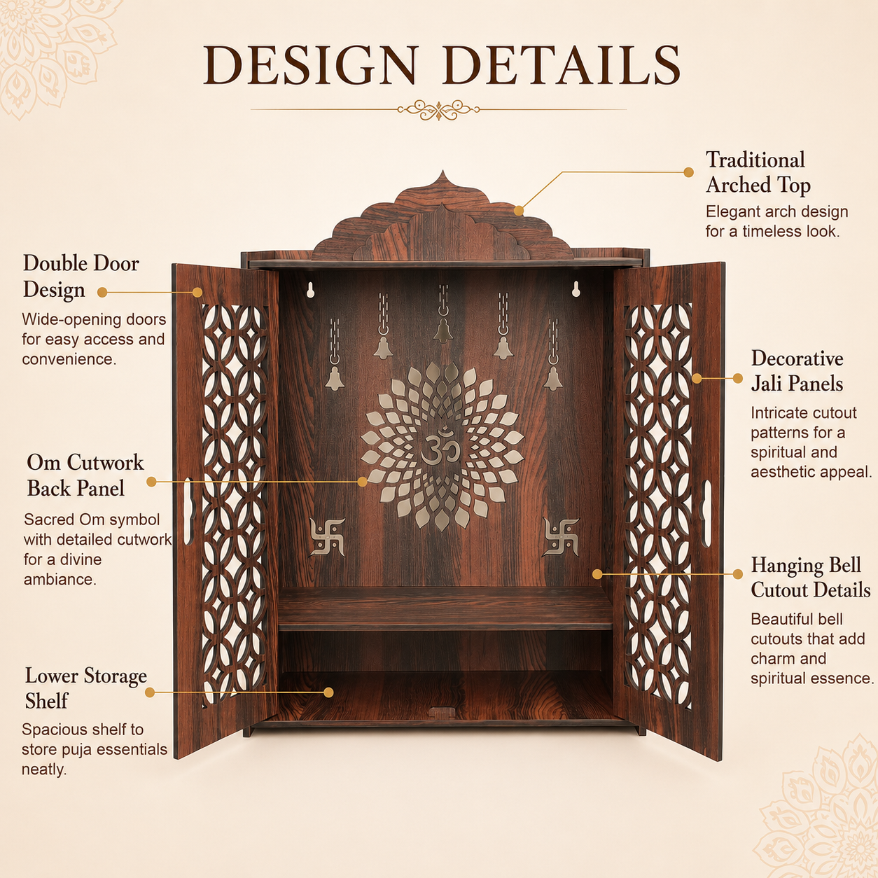 The Castle Decor Wooden Mandir for Home, Premium MDF Home Temple with Double Doors for Pooja Room, Wall Hanging & Tabletop Temple, Matte Finish, 16 x 22 x 10 Inch