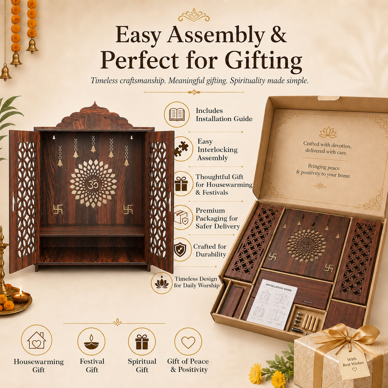 The Castle Decor Wooden Mandir for Home, Premium MDF Home Temple with Double Doors for Pooja Room, Wall Hanging & Tabletop Temple, Matte Finish, 16 x 22 x 10 Inch