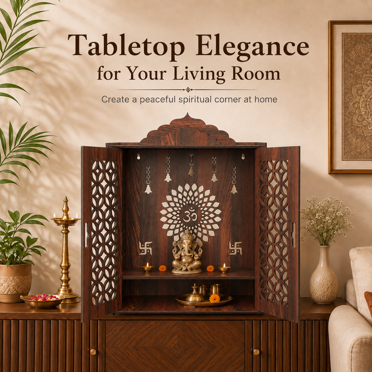 The Castle Decor Wooden Mandir for Home, Premium MDF Home Temple with Double Doors for Pooja Room, Wall Hanging & Tabletop Temple, Matte Finish, 16 x 22 x 10 Inch