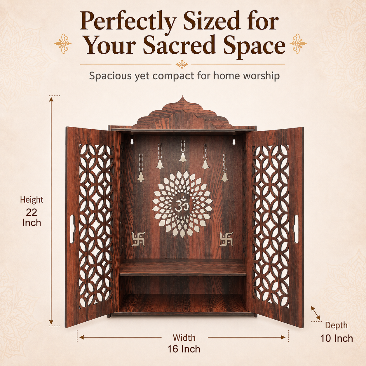 The Castle Decor Wooden Mandir for Home, Premium MDF Home Temple with Double Doors for Pooja Room, Wall Hanging & Tabletop Temple, Matte Finish, 16 x 22 x 10 Inch