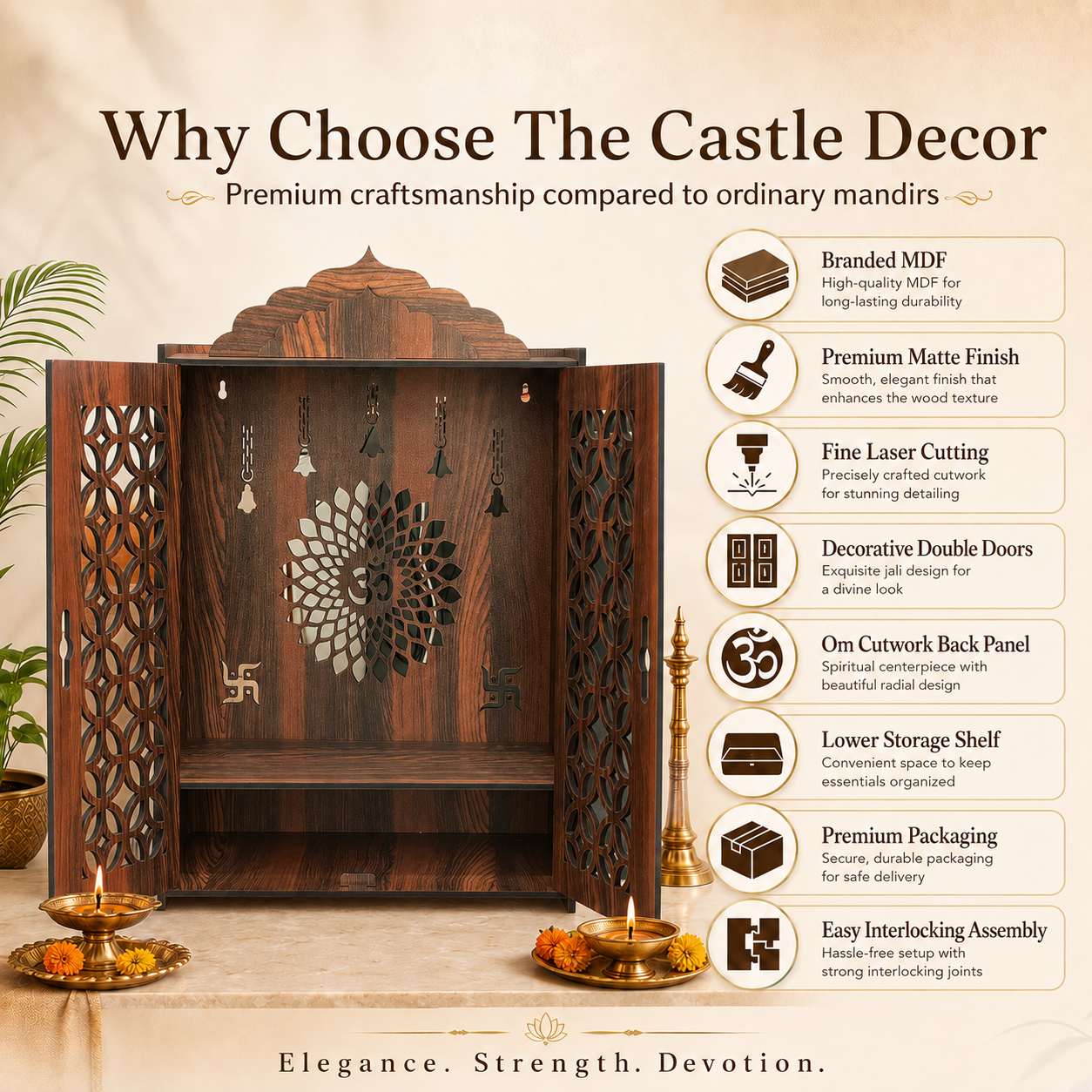 The Castle Decor Wooden Mandir for Home, Premium MDF Home Temple with Double Doors for Pooja Room, Wall Hanging & Tabletop Temple, Matte Finish, 16 x 22 x 10 Inch