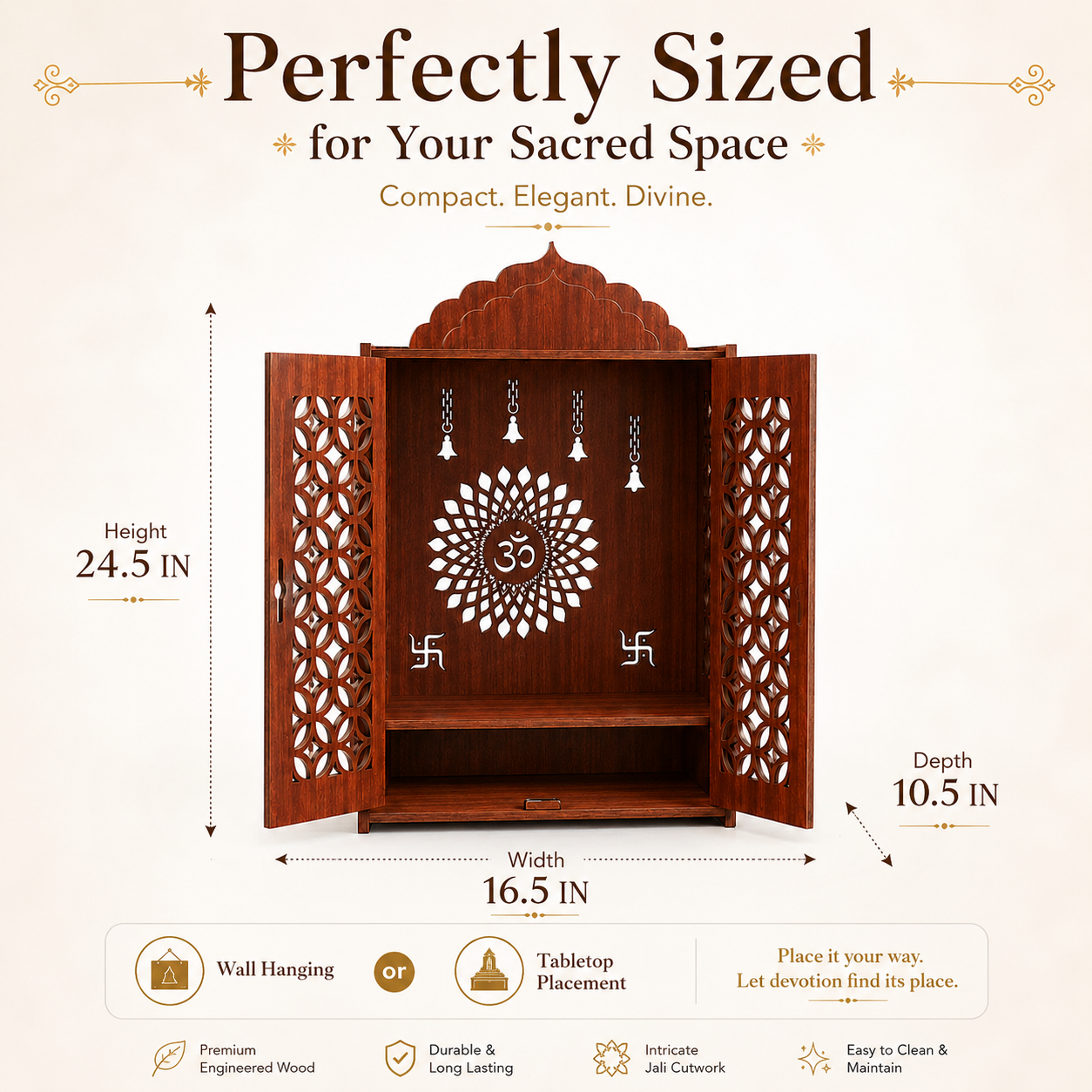 The Castle Decor Wooden Mandir for Home, Premium MDF Home Temple with Double Doors for Pooja Room, Wall Hanging & Tabletop Temple, Matte Finish, 16.5 x 24.5 x 10.5 Inch