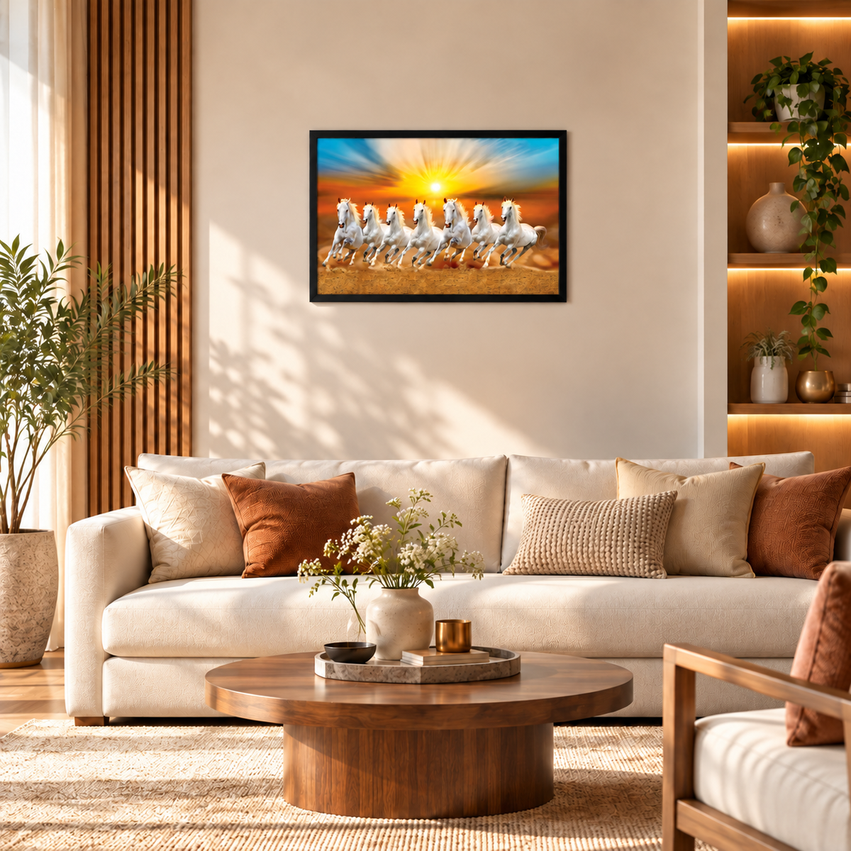 The Castle Decor 7 Running White Horses Wall Painting, Sunrise Sunset Theme, Vastu Wall Art for Living Room, Office, Bedroom Decor 14x20 1005
