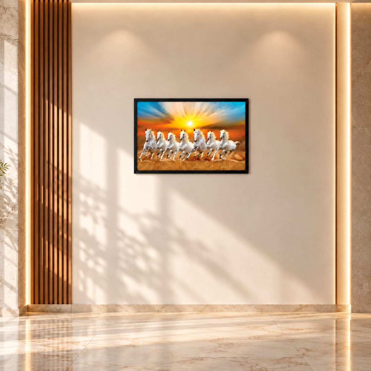 The Castle Decor 7 Running White Horses Wall Painting, Sunrise Sunset Theme, Vastu Wall Art for Living Room, Office, Bedroom Decor 14x20 1005