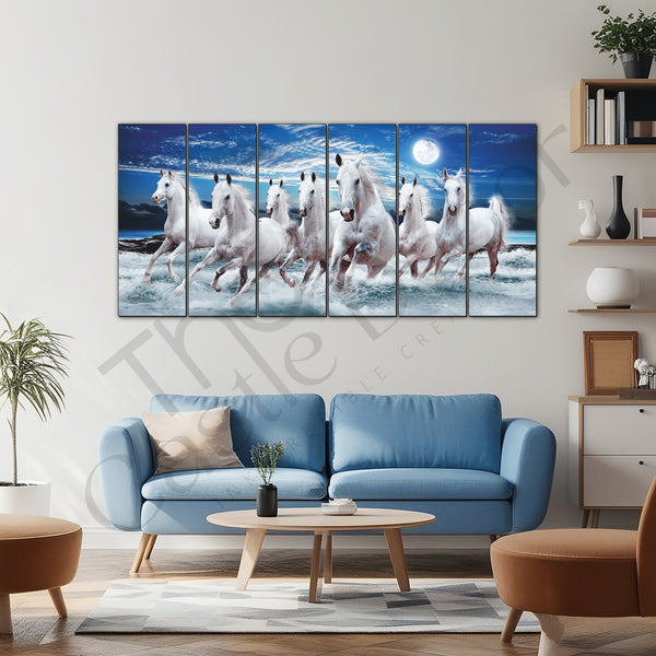 The Castle Decor-7 horse running vaastu painting frame painting Set of 6 Big Size Multiple Frames Wall Art Painting for living room,-Wooden Framed-Digital Painting