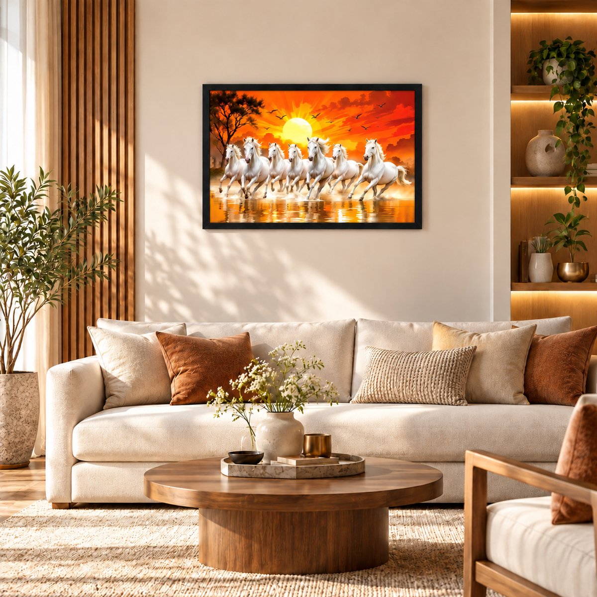 The Castle Decor 7 Running White Horses Wall Painting, Sunrise Sunset Theme, Vastu Wall Art for Living Room, Office, Bedroom Decor 14x20 1001