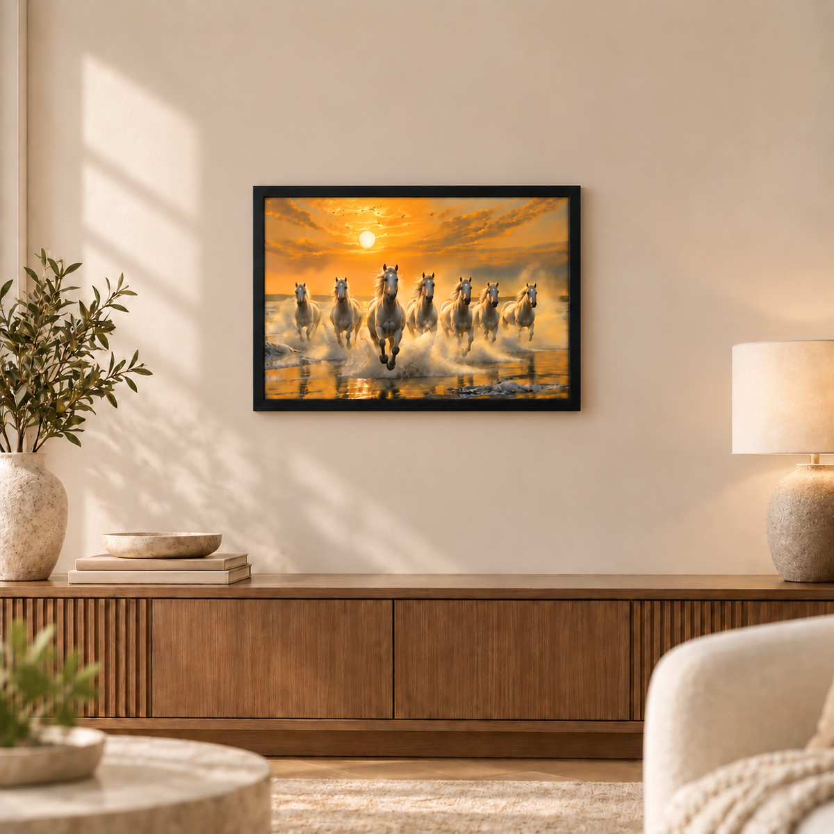 The Castle Decor 7 Running White Horses Wall Painting, Sunrise Sunset Theme, Vastu Wall Art for Living Room, Office, Bedroom Decor 16x24 1002