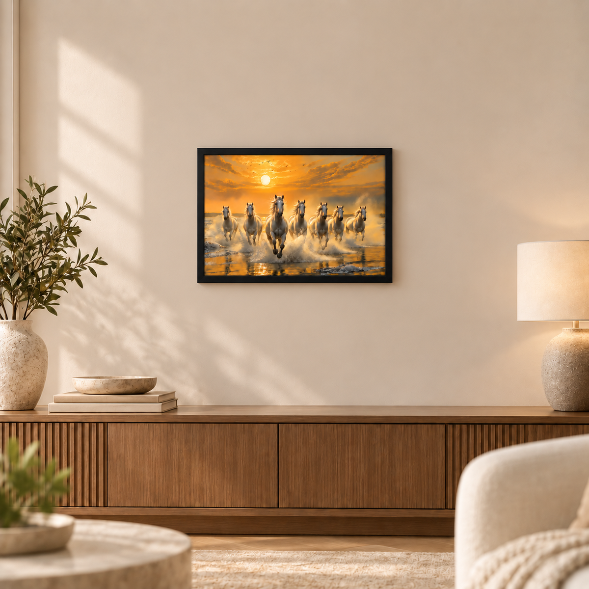 The Castle Decor 7 Running White Horses Wall Painting, Sunrise Sunset Theme, Vastu Wall Art for Living Room, Office, Bedroom Decor 12x18 inch 1002