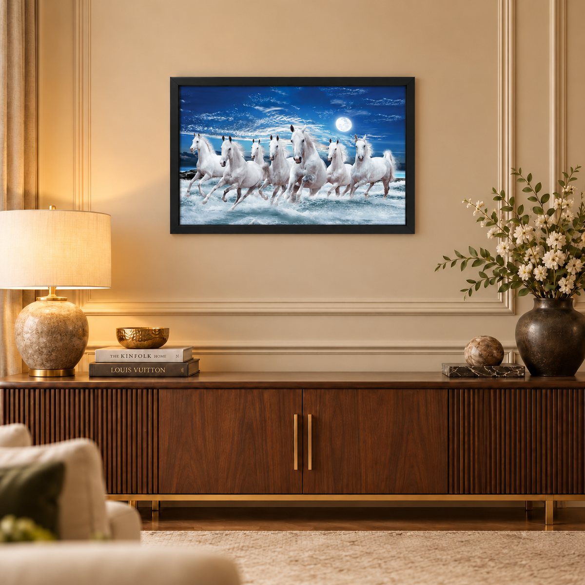 The Castle Decor 7 Running White Horses Wall Painting, Sunrise Sunset Theme, Vastu Wall Art for Living Room, .Office, Bedroom Decor 14x20 1006