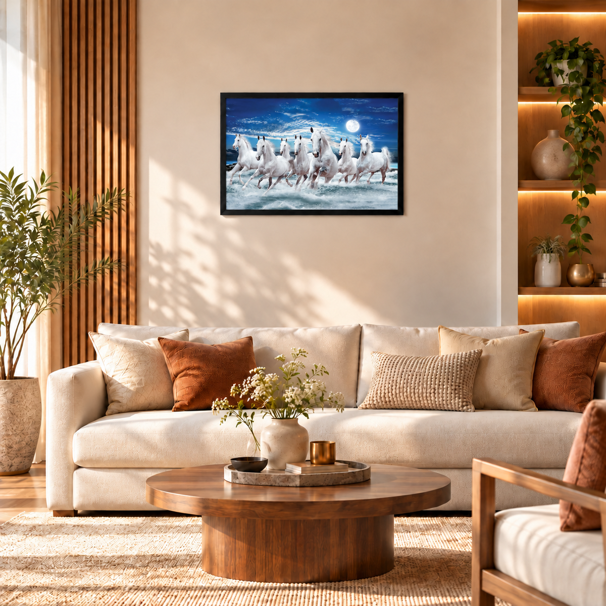 The Castle Decor 7 Running White Horses Wall Painting, Sunrise Sunset Theme, Vastu Wall Art for Living Room, Office, Bedroom Decor 12x18 inch 1006