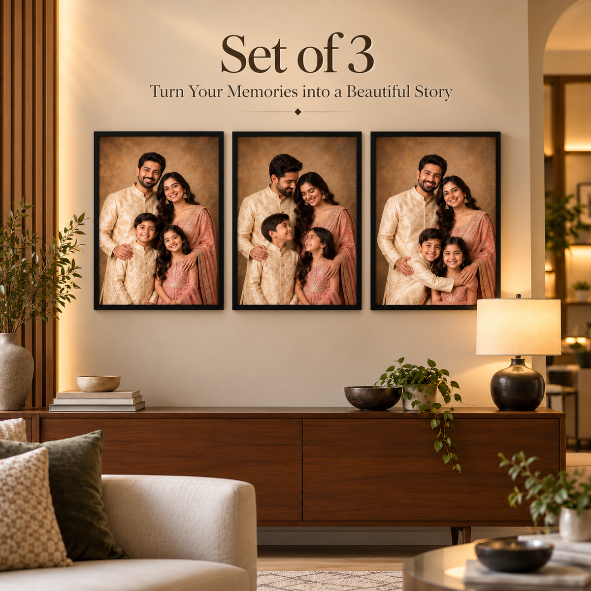 Custom Photo Frame for Wall – Personalized Family Portrait Set of 3 | Black Frame | The Castle Decor | 16x24