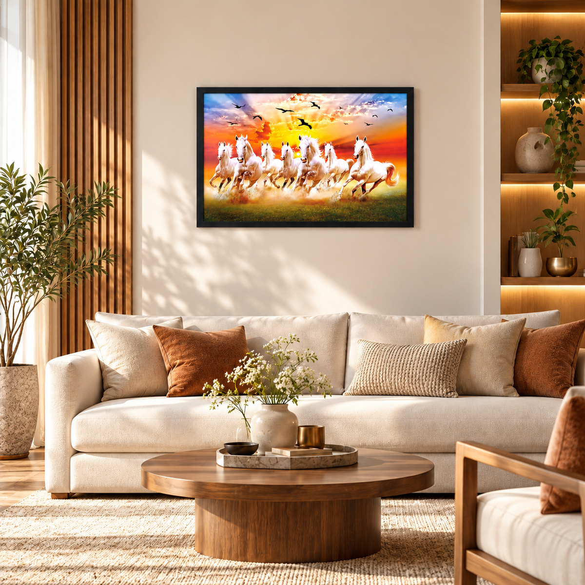 The Castle Decor 7 Running White Horses Wall Painting, Sunrise Sunset Theme, Vastu Wall Art for Living Room, Office, Bedroom Decor 14x20 1003