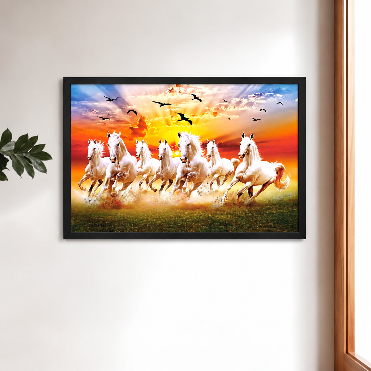 The Castle Decor 7 Running White Horses Wall Painting, Sunrise Sunset Theme, Vastu Wall Art for Living Room, Office, Bedroom Decor 14x20 1003