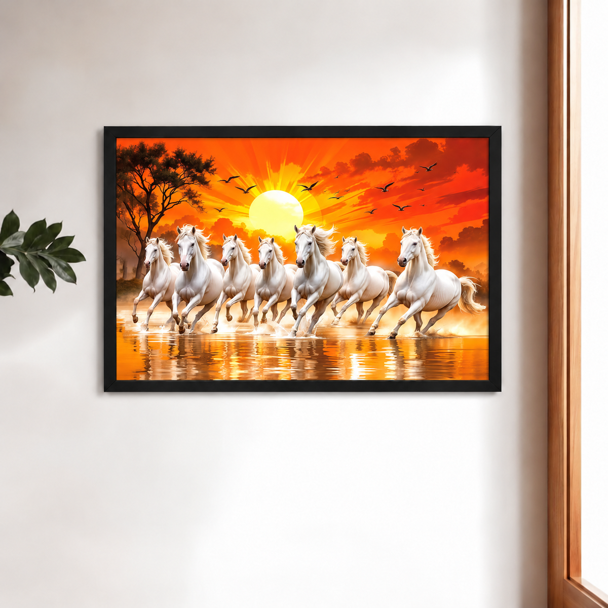 The Castle Decor 7 Running White Horses Wall Painting, Sunrise Sunset Theme, Vastu Wall Art for Living Room, Office, Bedroom Decor 12x18 inch 1001
