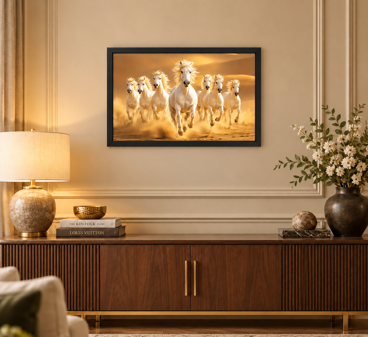 The Castle Decor 7 Running White Horses Wall Painting, Sunrise Sunset Theme, Vastu Wall Art for Living Room, Office, Bedroom Decor 12x18 inch 1004